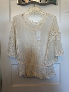 Ember Embroidered Lace Peplum Top Cream Size L